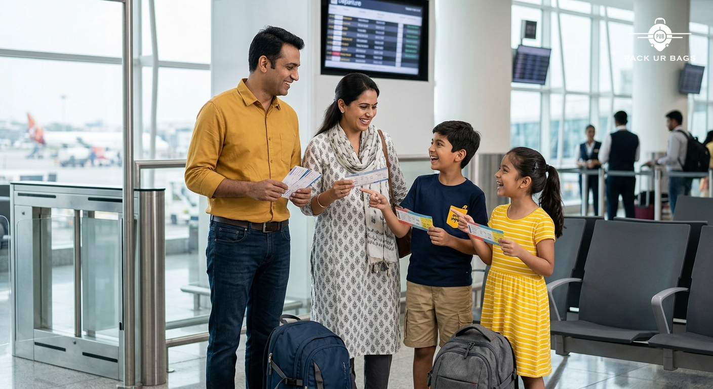 Indian family of four at airport departure gate holding boarding passes, excited expressions, budget travel gear, clean
