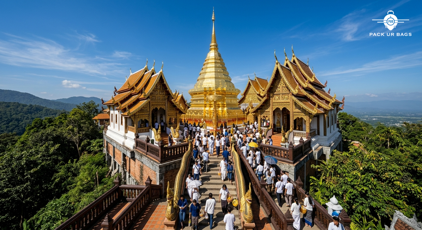 Wat Phra That Doi Suthep golden temple complex on mountain, intricate Thai architecture, clear day, devotees walking up