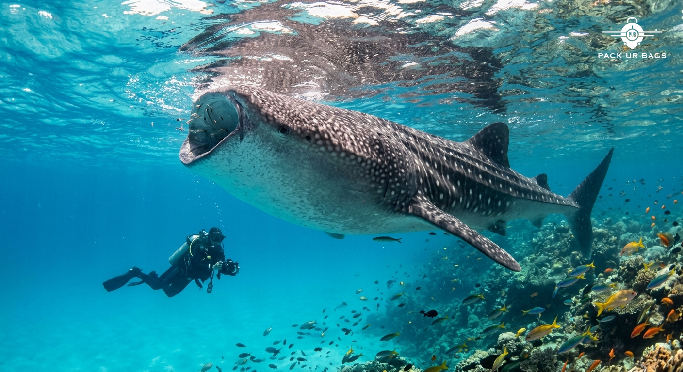 Whale shark feeding near surface in Ari Atoll, underwater photography, diver in background, tropical fish, clear visibil
