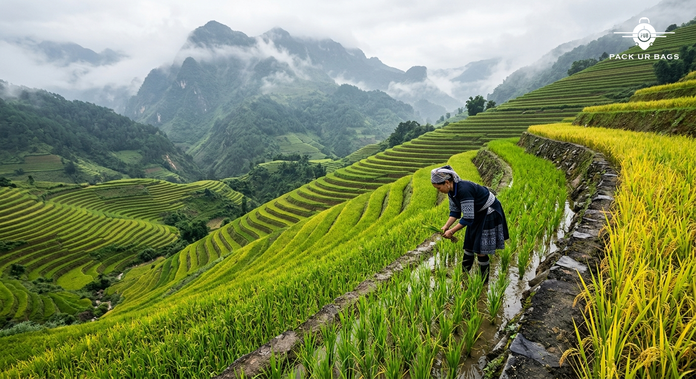 Terraced rice fields in Sapa, lush green layers on mountain slopes, hill tribe farmer working, misty background, natural