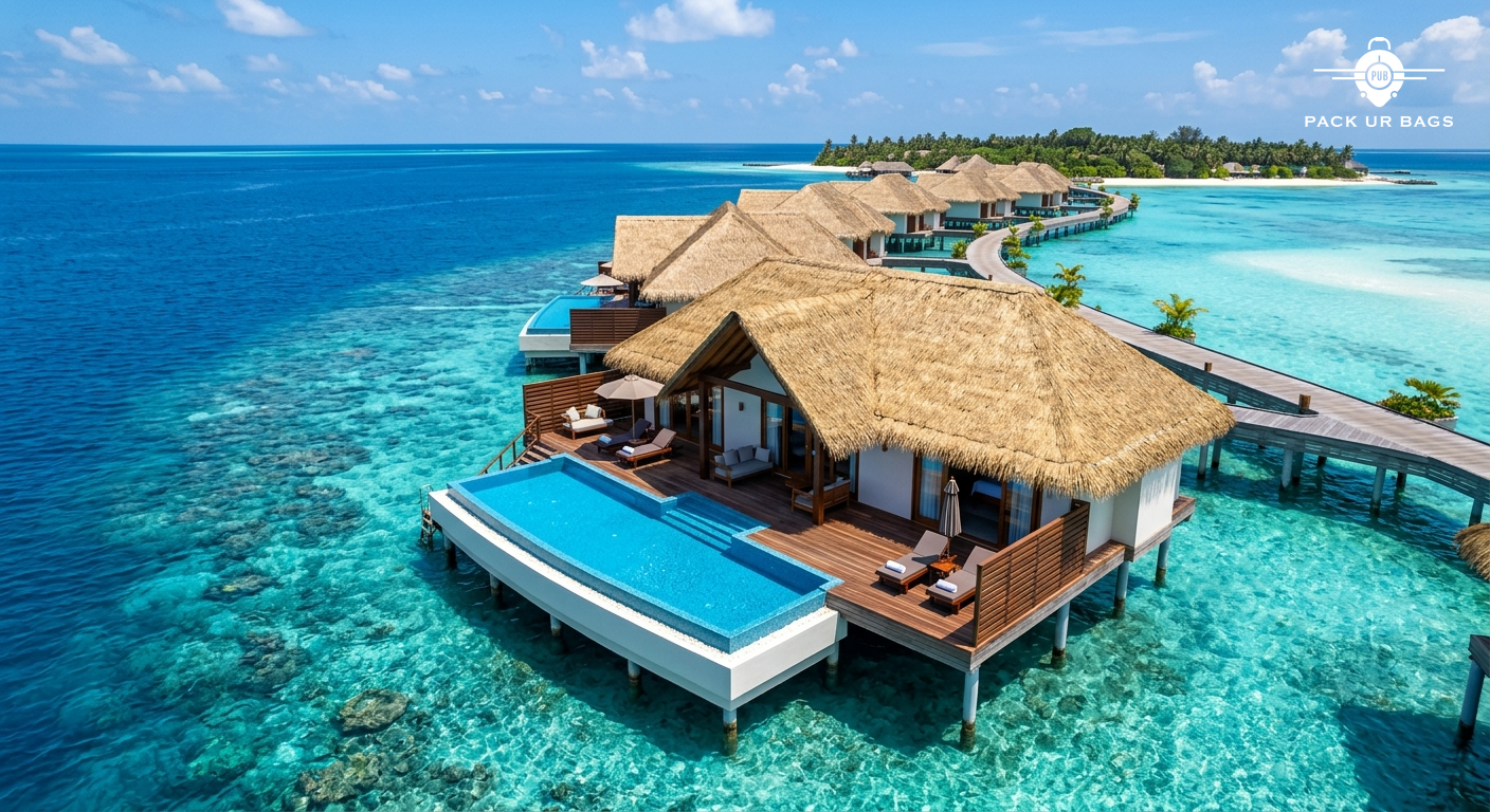 Overwater villa in Maldives with infinity pool, turquoise ocean, blue sky, luxury resort setting, peaceful tropical para