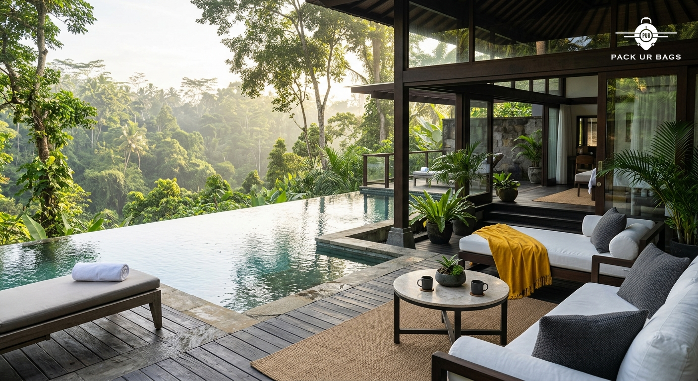 Private infinity pool villa in Ubud overlooking jungle canopy, modern luxury furniture, open-air design, early morning n