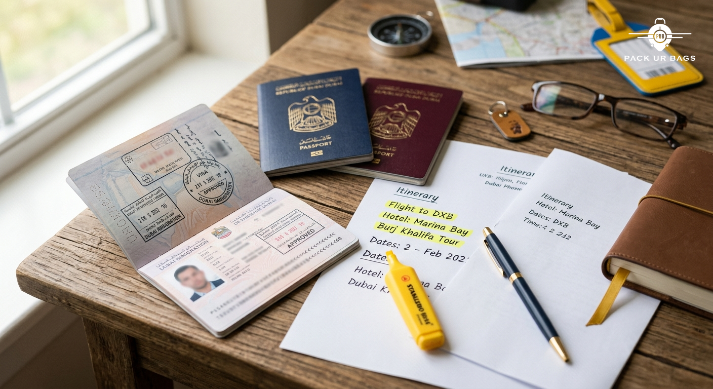Dubai visa and passport documents on desk with travel itinerary papers, organized planning setup, official stamps visibl
