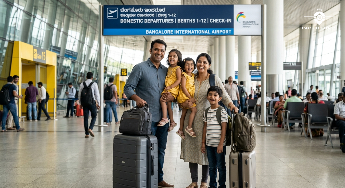 Indian family of four at airport departure terminal smiling with luggage, Bangalore airport signage visible background,