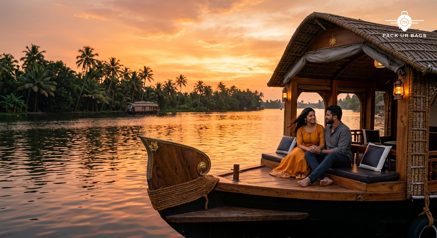 Beautiful Kerala houseboat on backwaters at sunset, couple on deck, traditional architecture, serene romantic ambiance,