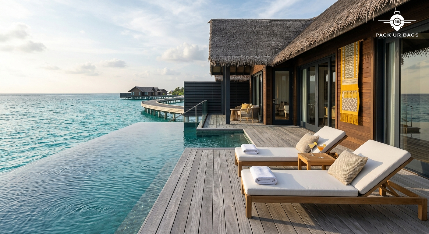 Luxury overwater villa deck with infinity pool, ocean view, modern Maldivian architecture, afternoon light, aspirational