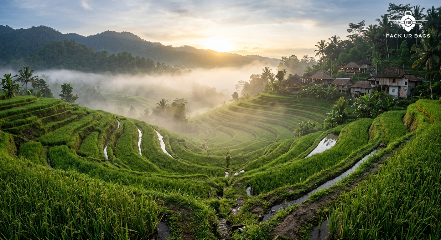 Bali Ubud rice terraces at sunrise, budget homestay in distance, mist rolling over green landscape, peaceful and authent