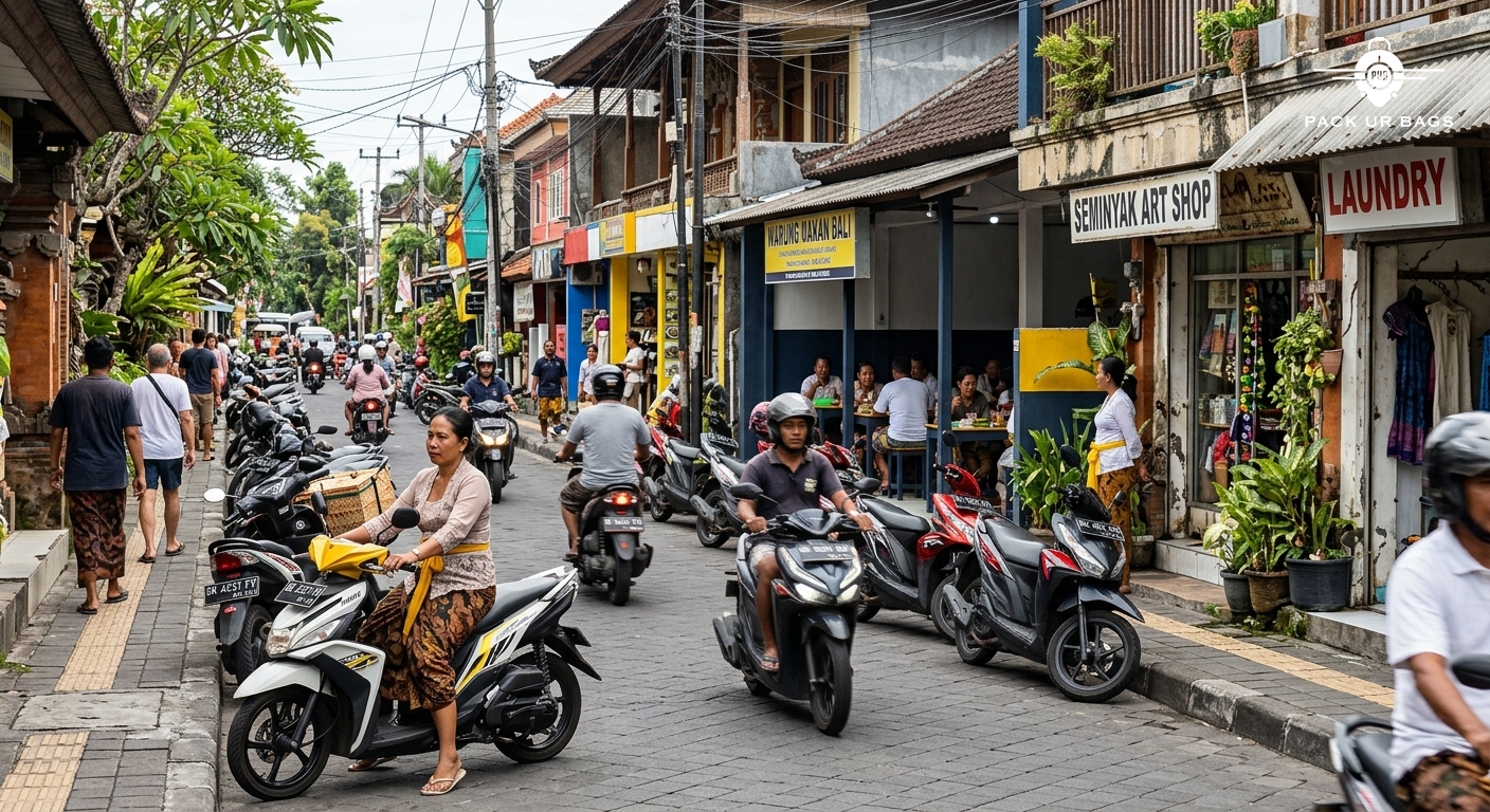 Busy street scene in Seminyak with local warungs, scooters, colorful shop fronts, everyday Bali life, authentic travel m