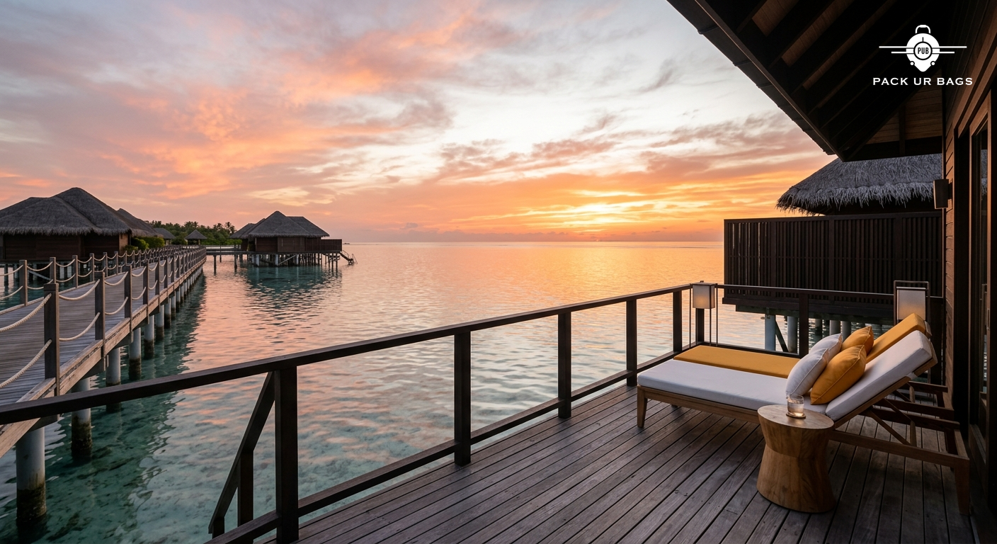 Sunset view from overwater villa deck, orange and pink sky, calm ocean, luxury resort setting, peaceful evening light