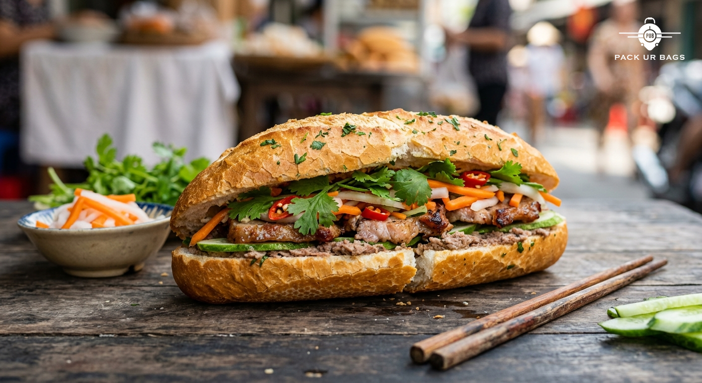 Vietnamese street food close-up, fresh banh mi sandwich with herbs and pickled vegetables, rustic wooden table, natural