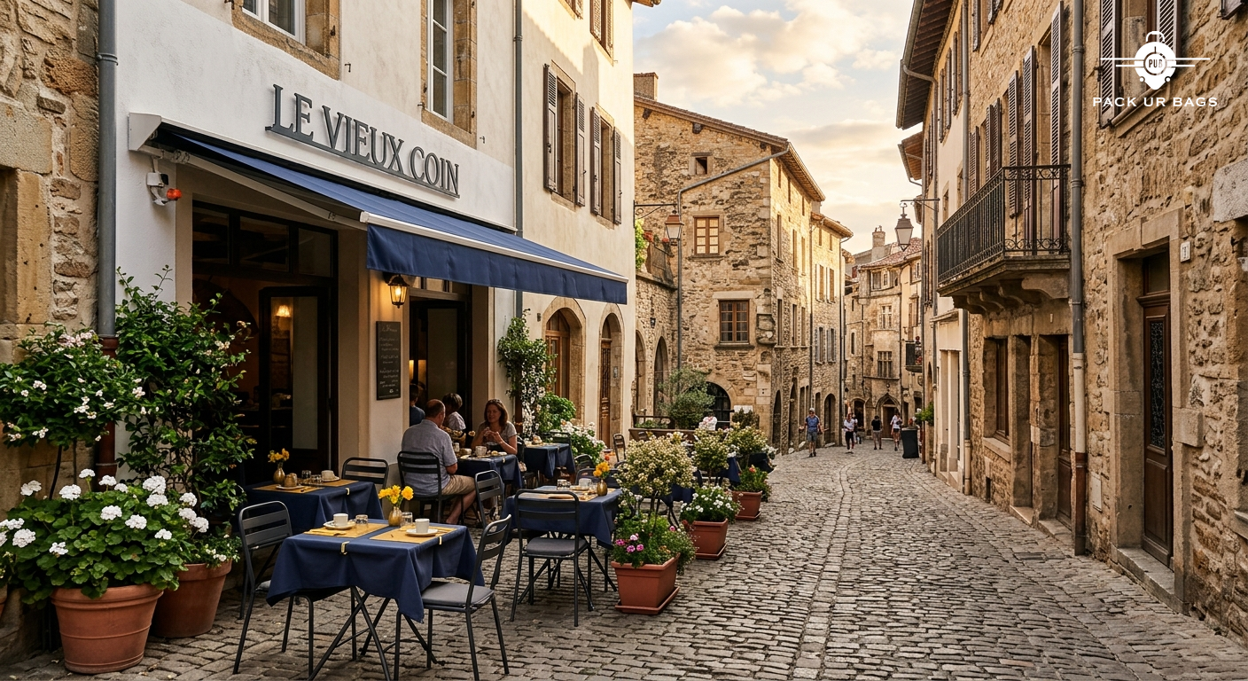 European cobblestone street in old town, historic architecture, outdoor cafe tables, warm afternoon light, romantic trav