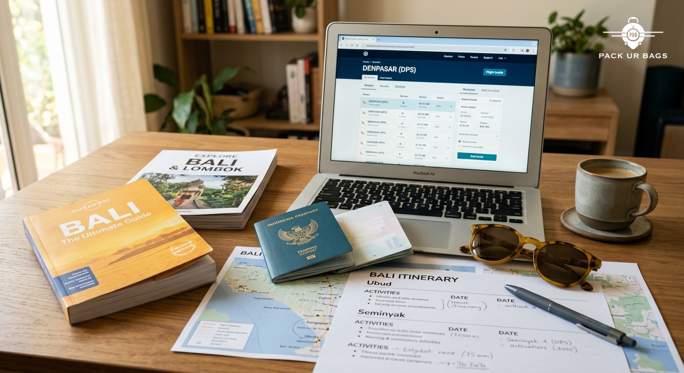 Busy travel planning desk with Bali guidebooks, printed itineraries, passport, sunglasses, and laptop showing flight boo
