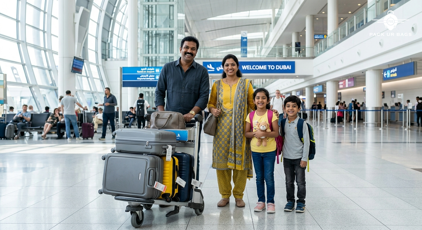 Happy Bangalore family at Dubai airport arrival terminal, luggage trolley, bright modern interior, start of vacation