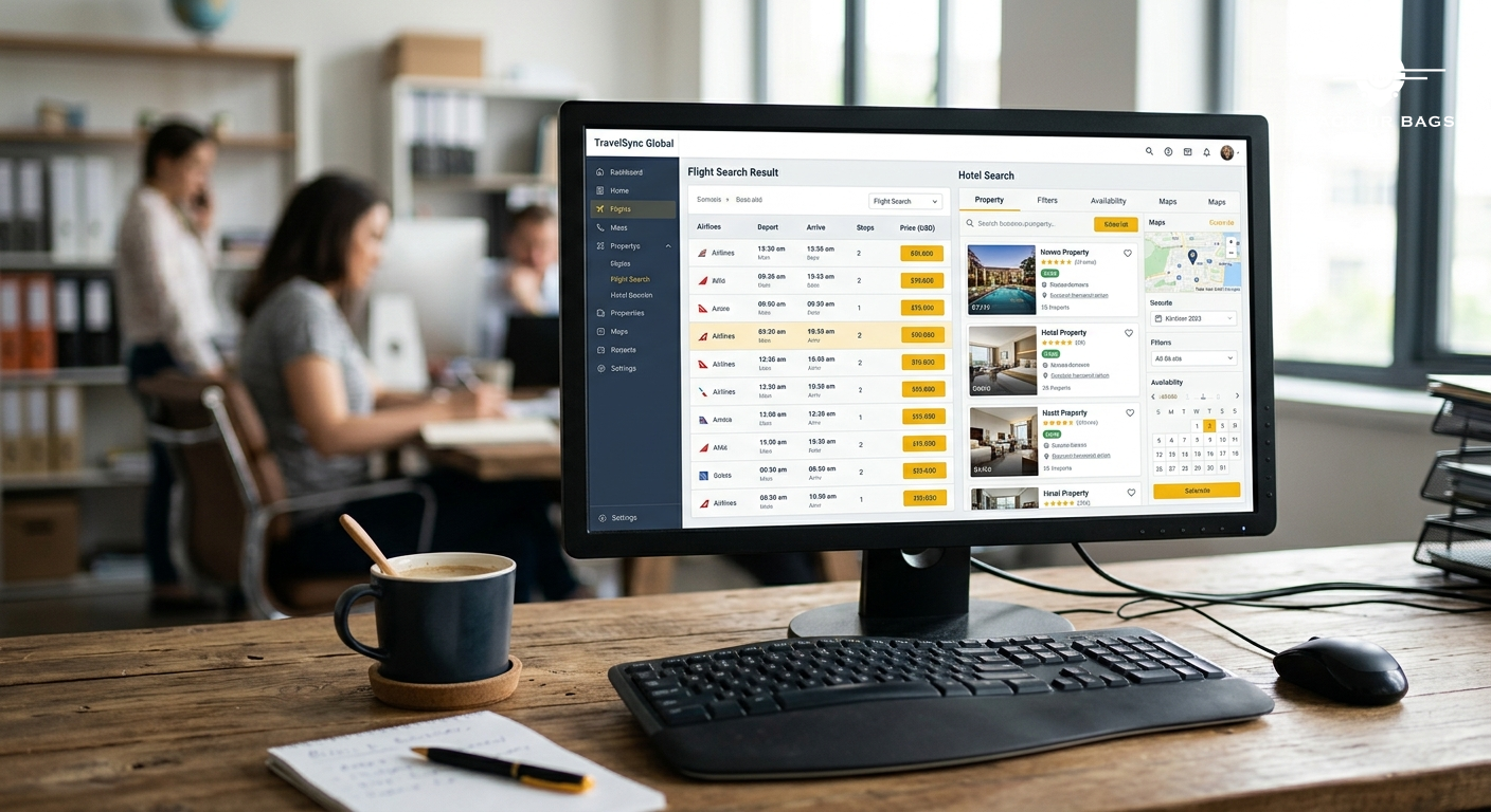 Travel agent's computer screen showing flight comparison and hotel booking dashboard, coffee cup beside keyboard, worksp