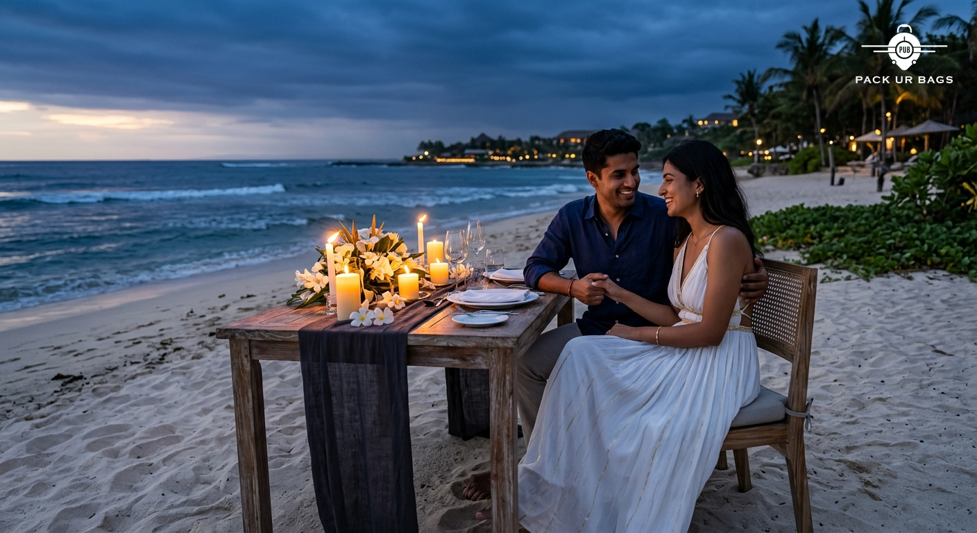 Young Indian couple at Bali beach resort, candlelit private dinner setup, ocean view, intimate honeymoon experience, dus