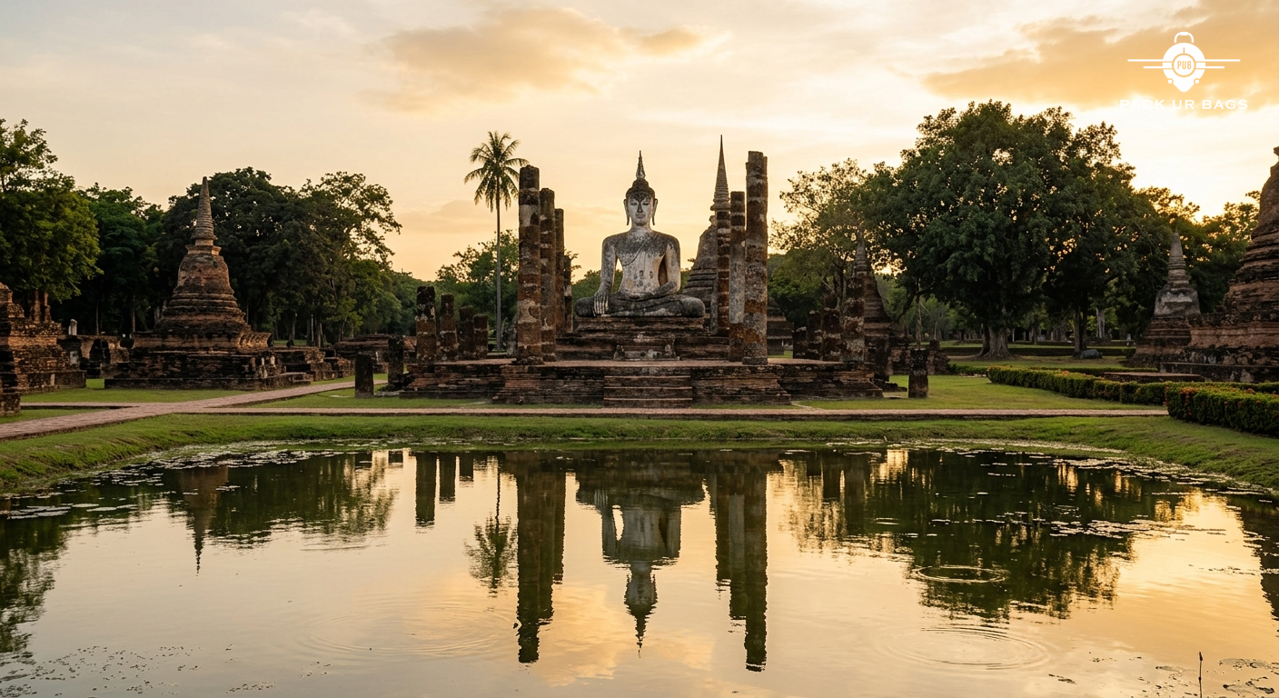 Sukhothai Historical Park ancient Buddha statue among ruins, late afternoon golden light, reflecting pond, peaceful hist