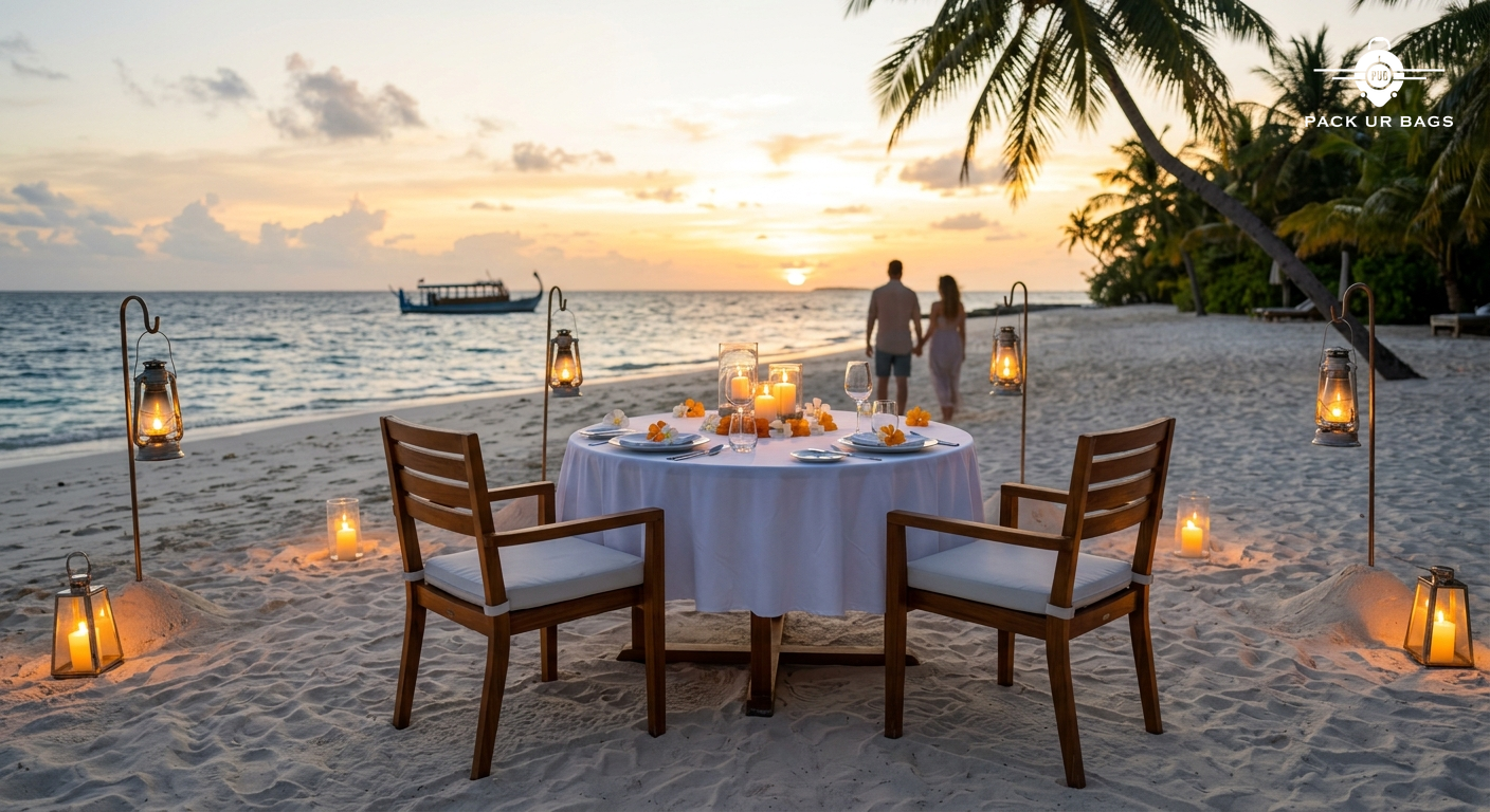 Candlelight beach dinner setup in Maldives, table for two on sand, sunset sky, romantic honeymoon setting, warm ambient