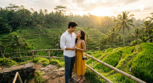 Young couple standing at a Bali rice terrace sunrise, warm golden light, intimate composition, lush green landscape back