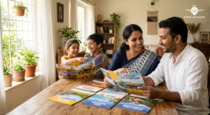 Indian family of four reviewing travel brochures at home, warm natural window light, casual comfortable setting, focus o