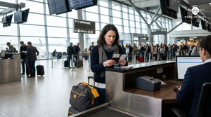 Wide-angle shot of a worried traveler at an airport check-in counter holding documents, soft natural lighting, realistic