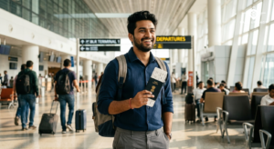 Excited Indian traveler at Bangalore airport with passport and boarding pass, warm natural lighting, modern terminal bac