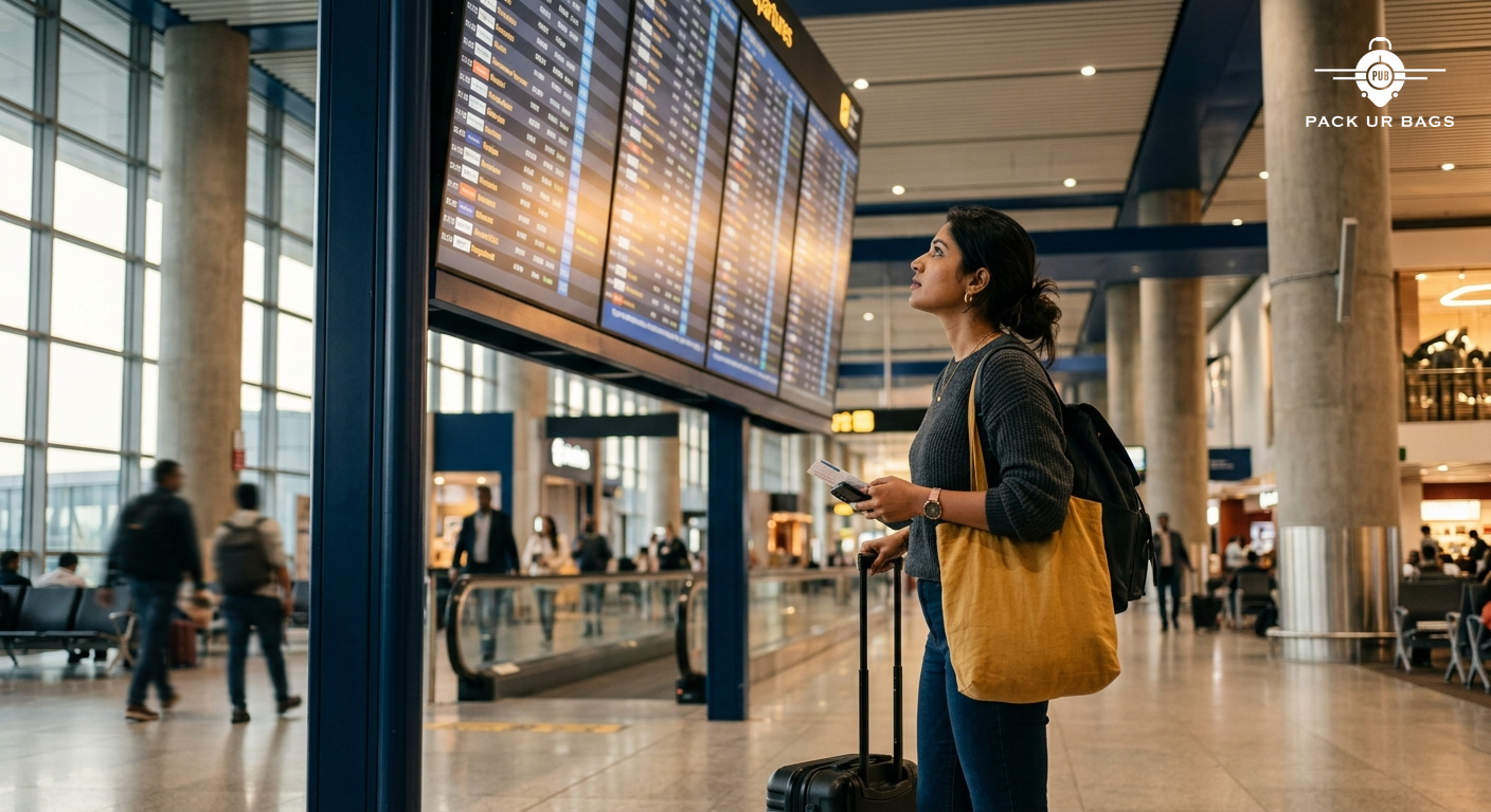 Traveller at Bangalore airport checking flight board, natural morning light, decisive moment, warm and thoughtful mood