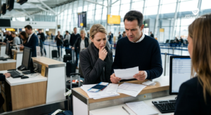 Worried couple reviewing travel documents and bills at airport check-in counter, stressed expression, natural indoor lig
