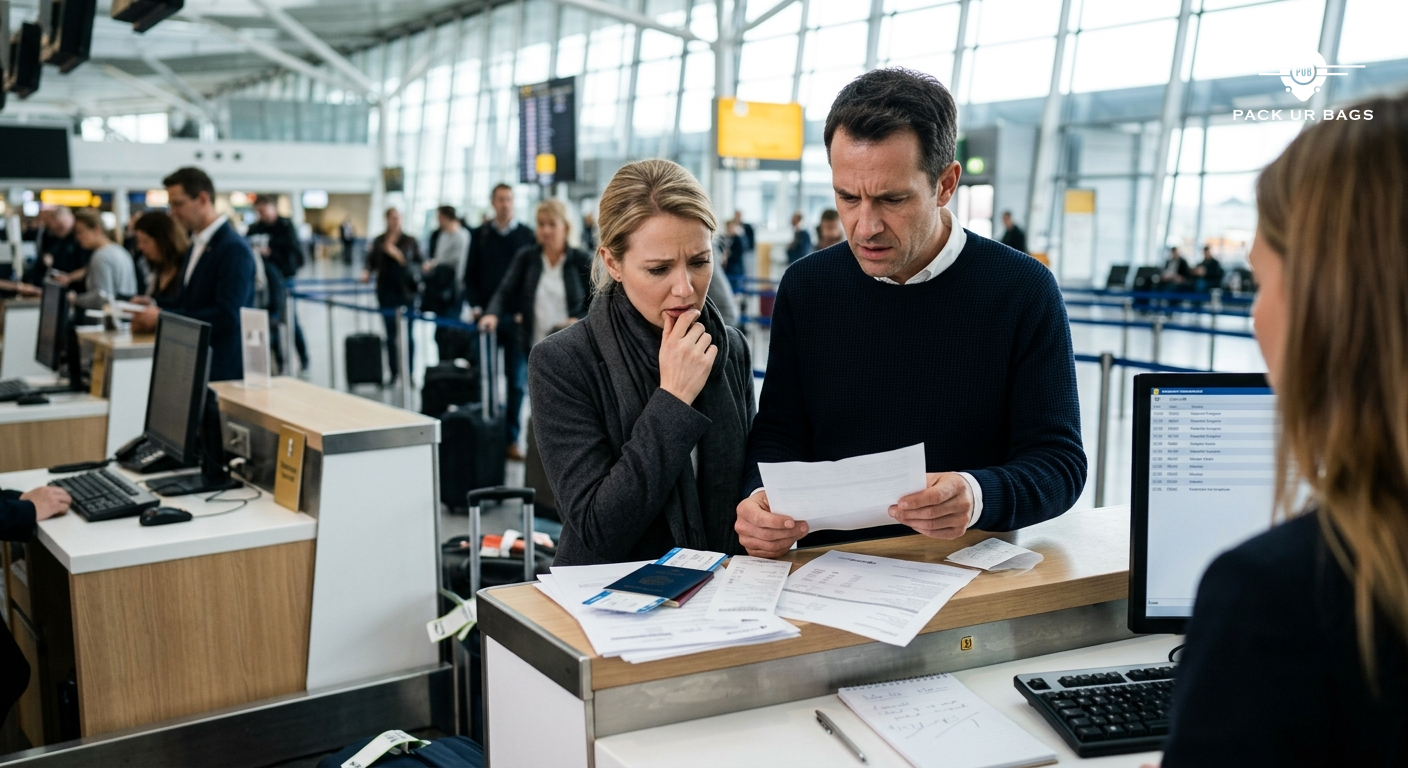 Worried couple reviewing travel documents and bills at airport check-in counter, stressed expression, natural indoor lig