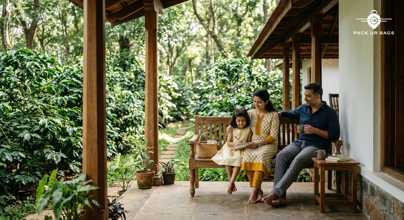 Family relaxing at a quiet Coorg homestay, soft afternoon light filtering through coffee plants, unhurried and peaceful