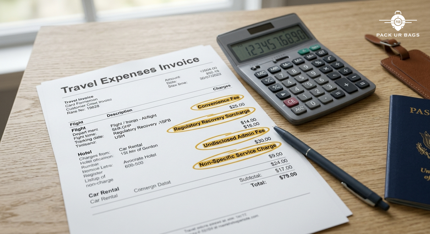 Close-up of travel invoice with highlighted hidden charges, calculator and passport on desk, realistic business photogra