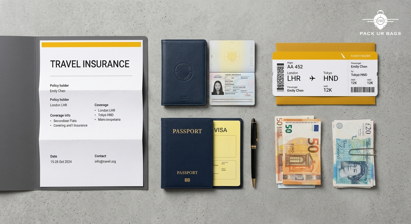 Organized travel essentials flatlay - passport, currency, tickets, and travel insurance documents on clean surface, soft