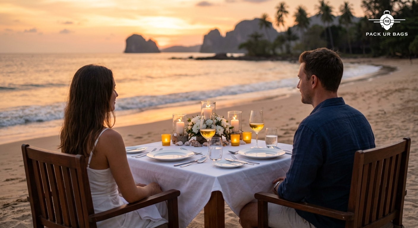 Romantic beachfront dinner table for two at sunset, candles lit, Thai coastline in soft focus, warm ambient glow