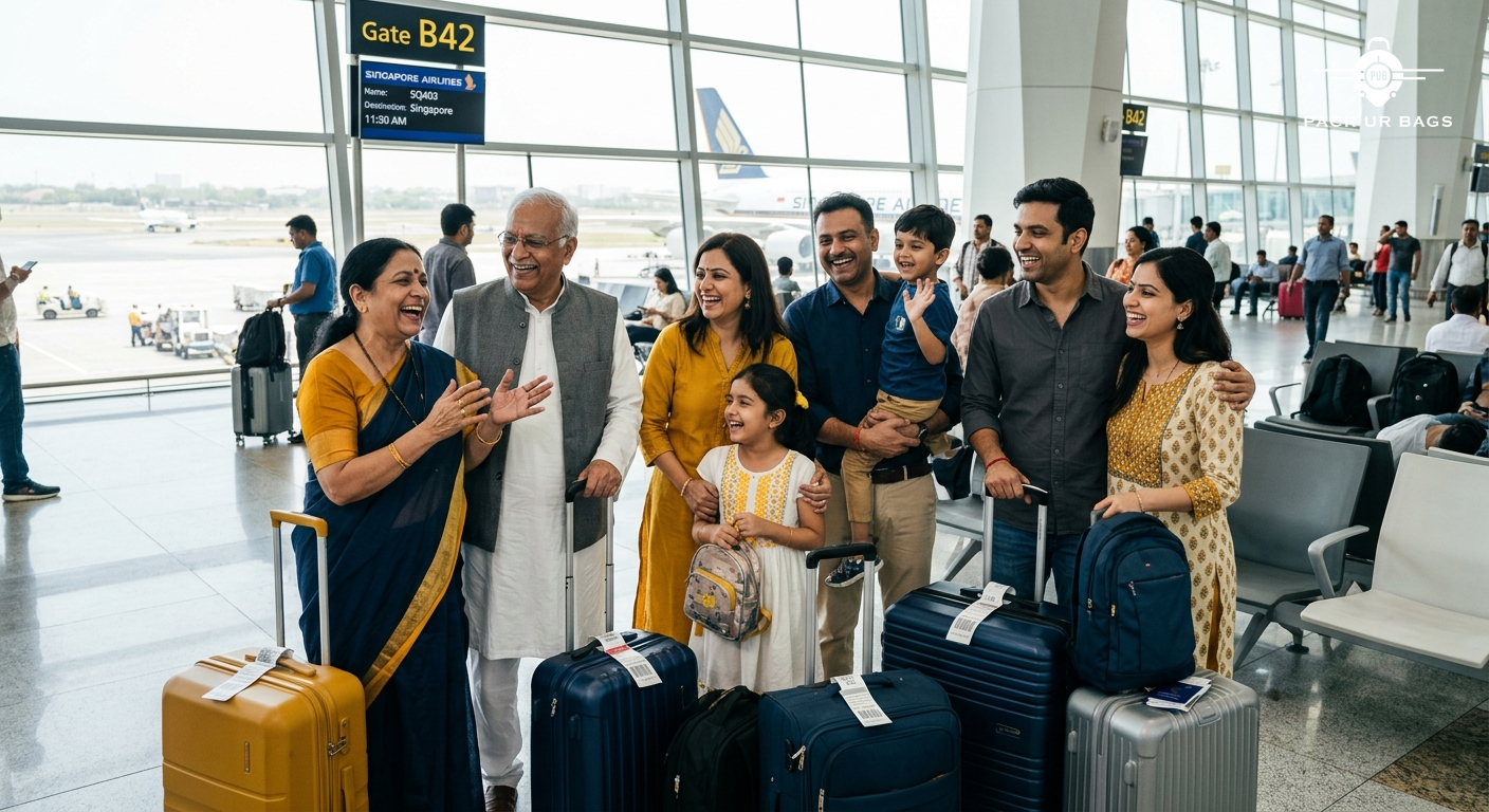 Happy multi-generational Indian family with luggage at airport departure terminal, bright natural light, candid moment o