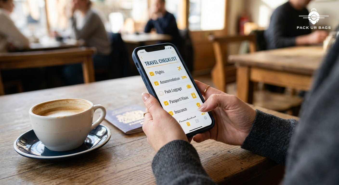 Close-up of a person's hands holding a smartphone showing a travel checklist app, sitting at a cafe with a coffee cup an