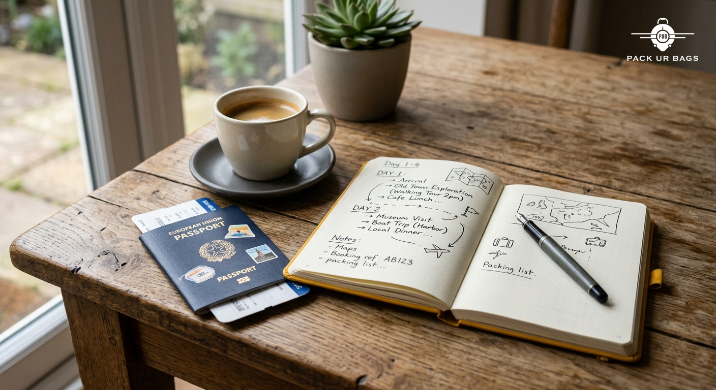 Open travel journal with itinerary notes, passport, and coffee on wooden table, natural window light, planning and prepa