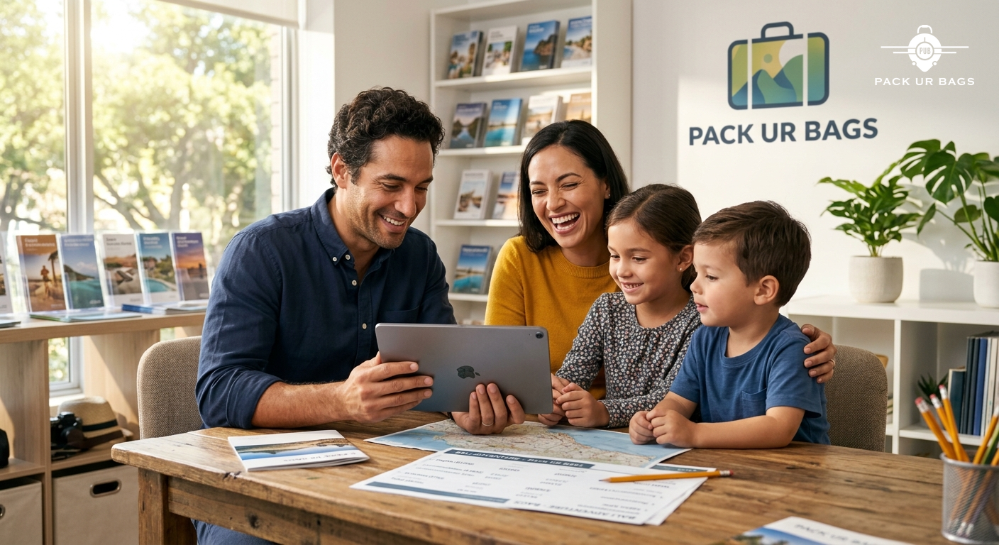 Happy family checking detailed travel itinerary with transparent pricing on tablet, Pack Ur Bags office setting, warm na