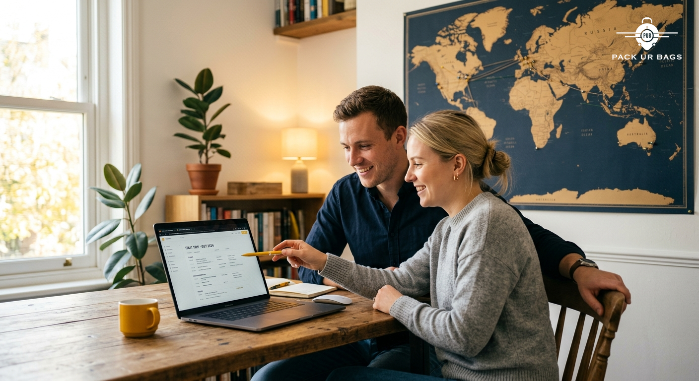 Young couple reviewing travel itinerary on laptop with world map in background, warm home office setting, natural window